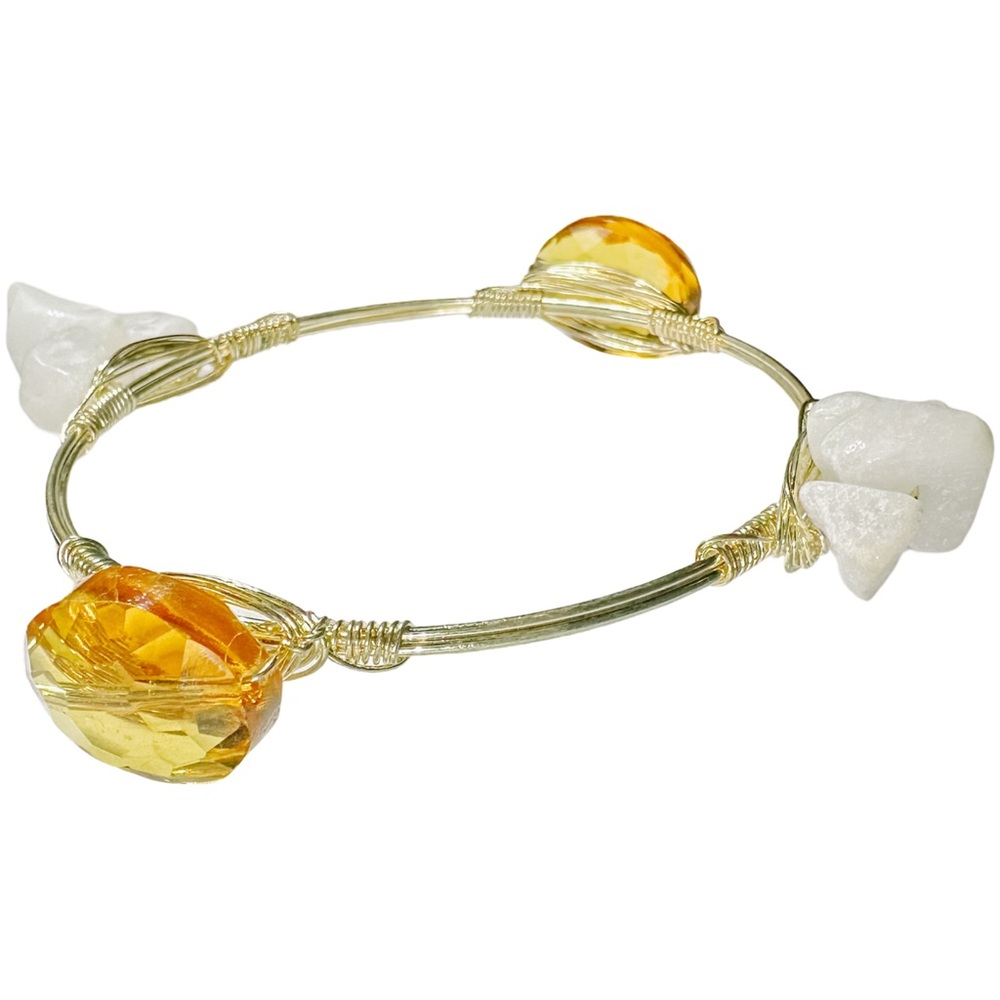 Bourbon & Bowties Faceted Amber Glass & Milky Quartz Bangle Bracelet - Picture 3 of 6